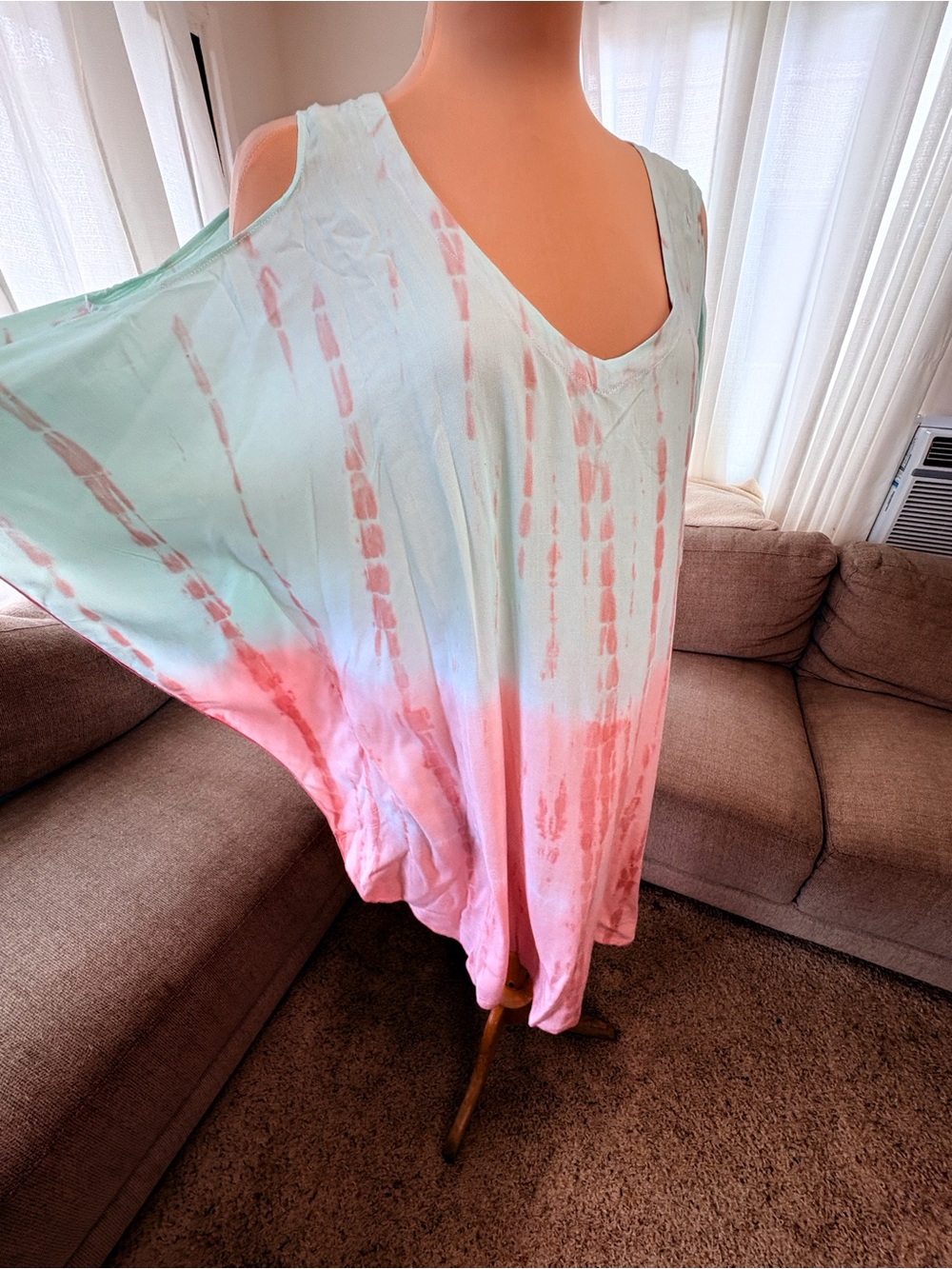 NaPua Collection Mint and Coral Tie-Dye V-Neck Top Cold shoulder dress top - Picture 4 of 7